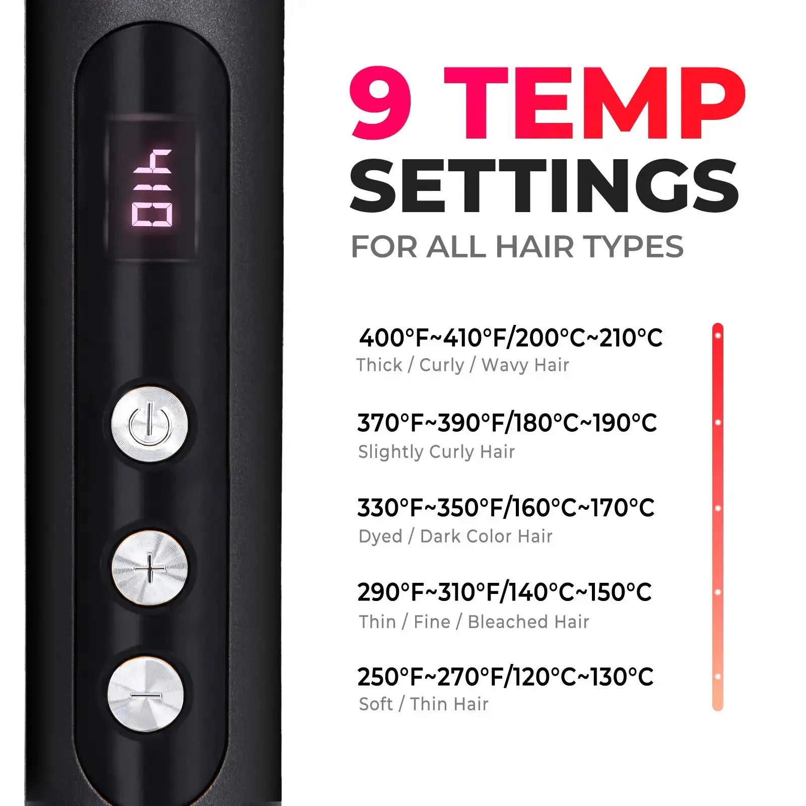 TYMO RING PLUS hair straightener with 9 temperature settings ranging from 250°F to 400°F for various hair types, showcasing a close-up of the temperature control buttons.