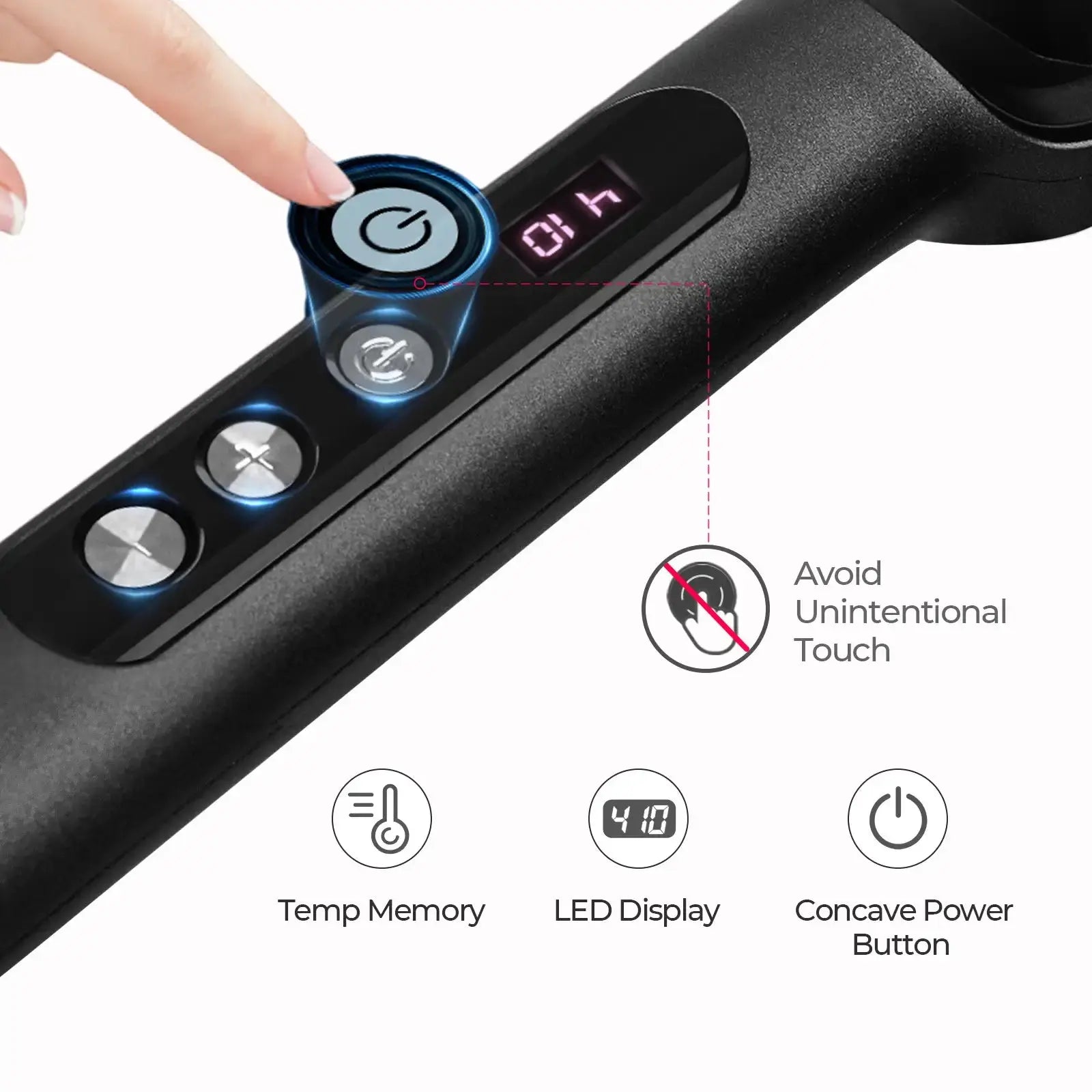 Detailed features of TYMO RING PLUS hair straightener highlighting LED display, temperature memory, and concave power button to avoid unintentional touches.