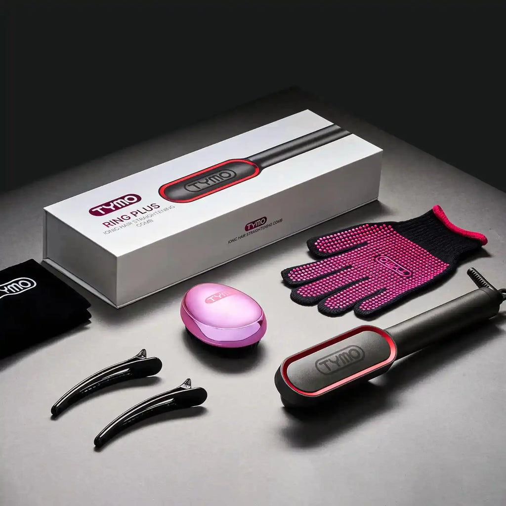TYMO RING PLUS hair straightener showcased with packaging and accessories. 