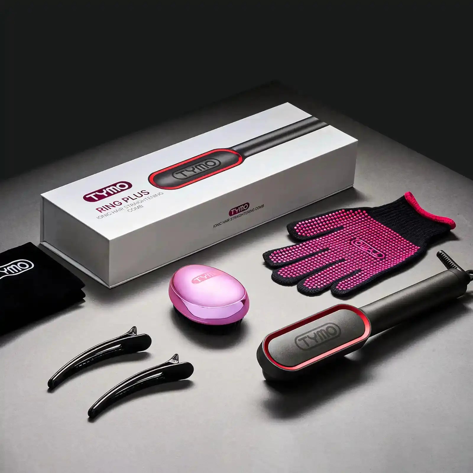 TYMO RING PLUS hair straightener showcased with packaging and accessories. 