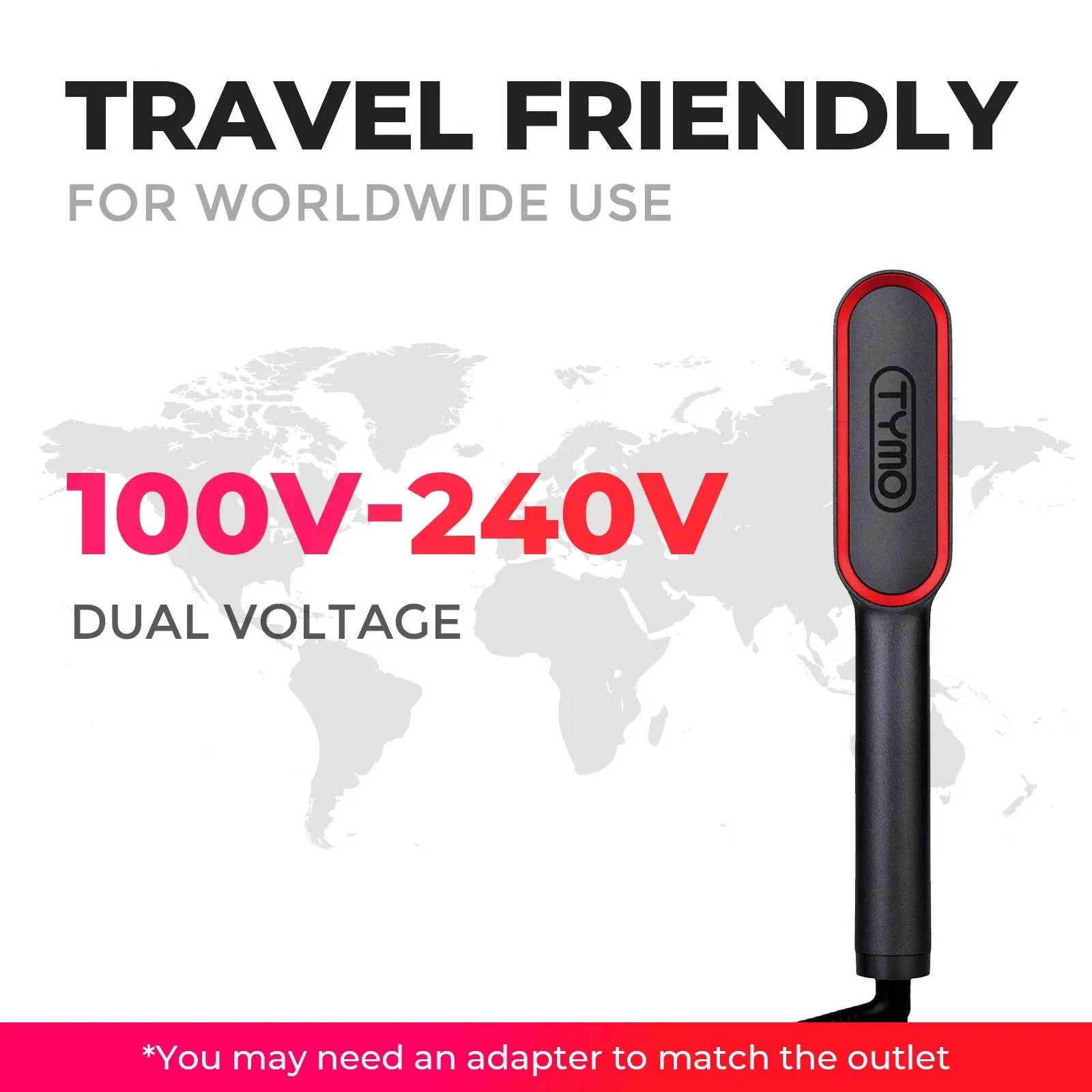 Portable TYMO RING PLUS hair straightener with dual voltage, ideal for worldwide use, 100V-240V compatibility.