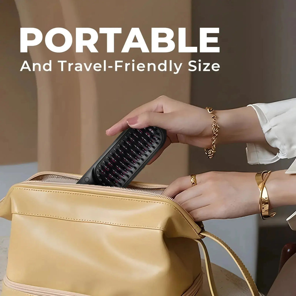 Woman placing a portable TYMO PORTA cordless hair straightener into a handbag, ideal for on-the-go styling.