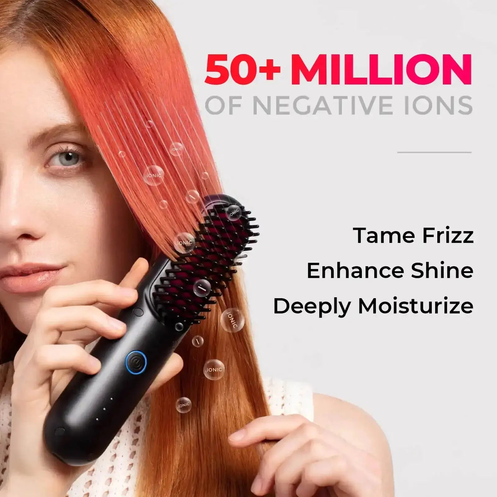 Woman using TYMO PORTA cordless hair straightener emitting over 50 million negative ions, enhancing shine and taming frizz.